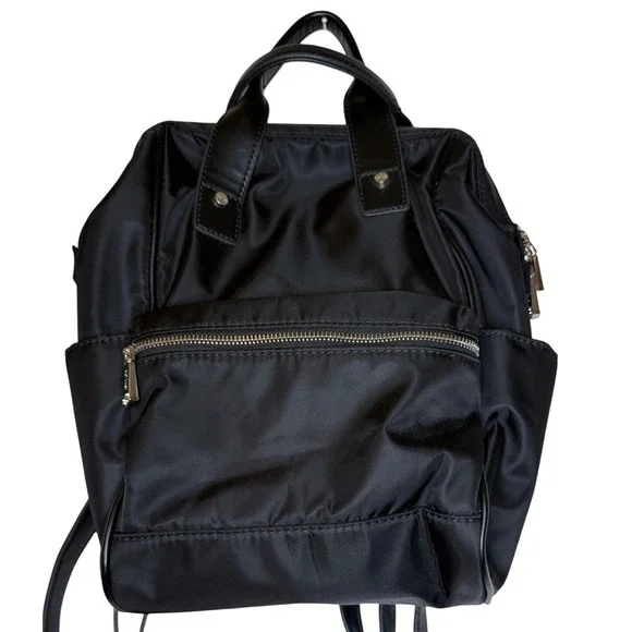 Co-Lab Black Nylon Backpack Silver Hardware Top Handle Travel Bag Chic Traveler