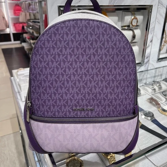 MICHAEL KORS Rhea Medium Zip Color-Block Signature Logo Backpack Dark Purple MLT