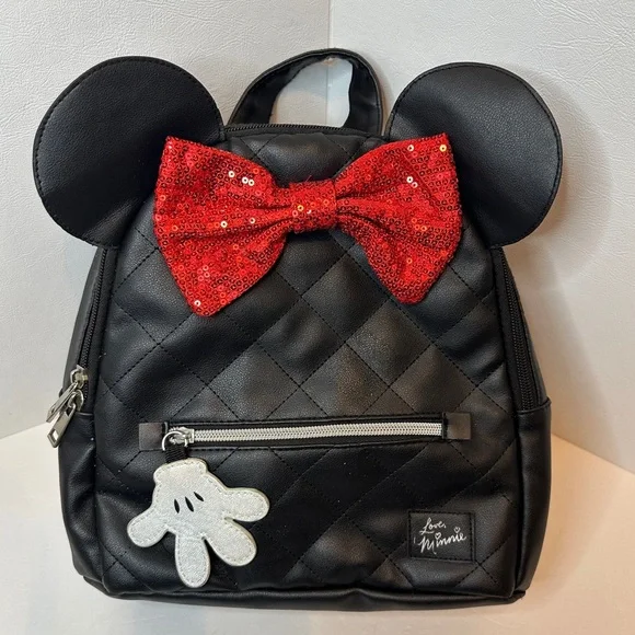 Disney Minnie Mouse Black Quilted Backpack W/ Ear Accents & Red Sequined Bow