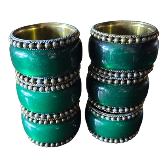 Emeraled Green and Brass Napkin Rings Set Of 6