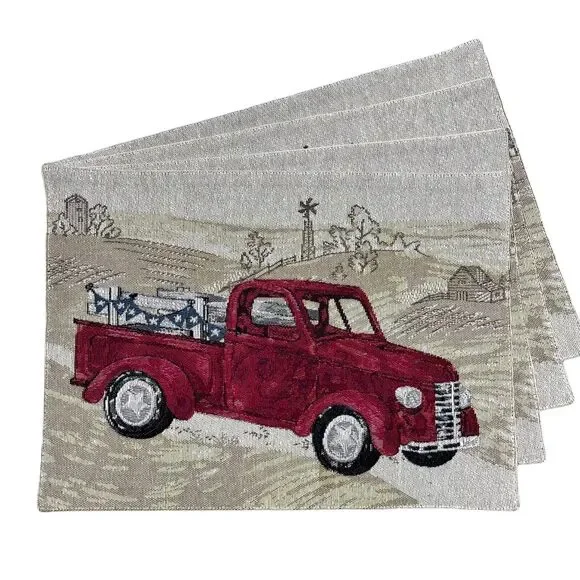 Set Of 4 Celebrate Americana Vintage Red Truck Tapestry Placemat USA 4thof July‎
