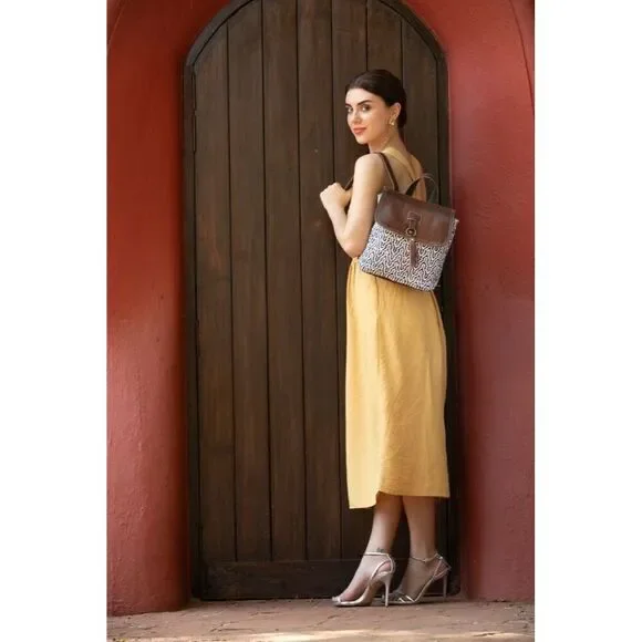Myra Bag Handmade Leffis Backpack Upcycled Canvas & Cowhide Leather