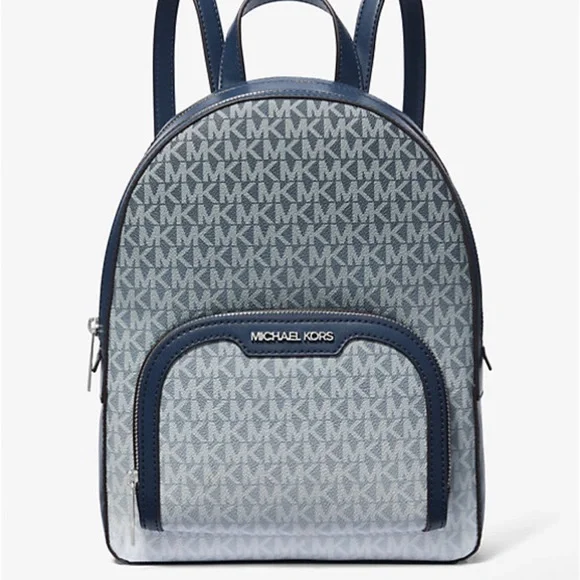 MICHAEL KORS Jaycee Medium Ombré Signature Logo Zip Pocket Backpack Navy NWT