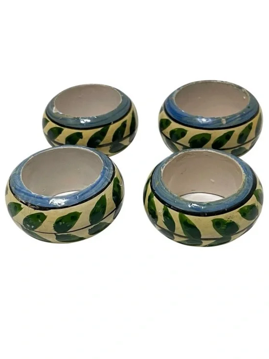 Hand Painted Green Leaf Vine Napkin Rings Multicolor Shabby Chic Cottage 4 Set