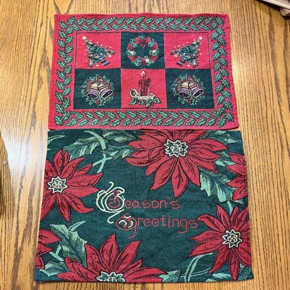 Christmas Tapestry Placemats‎ Holiday Decor Poinsettia Candle Bells Tree Wreath