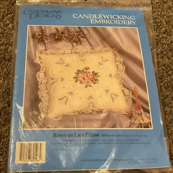 Candamar Designs Roses on Lace Candlewicking Pillow - Cream with Pink Roses