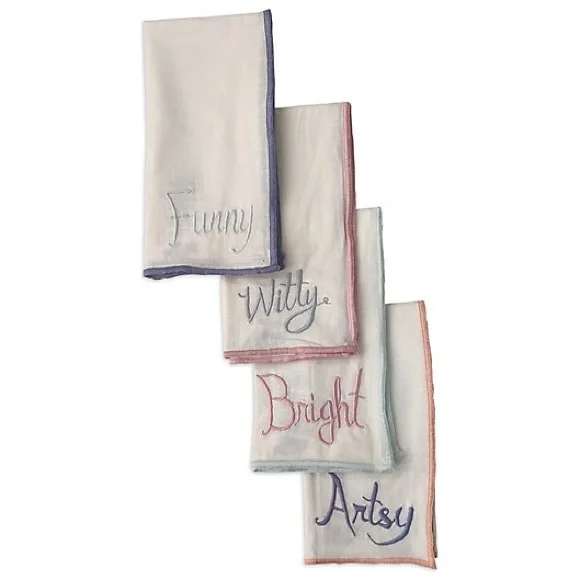 NWT Embroidered Pastel Artsy Funny Witty Bright Cloth Napkins
