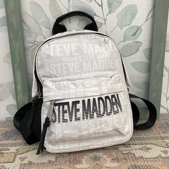 #63 Steve Madden Mini Force White Black Backpack Tote Bag Silver Classic Logo