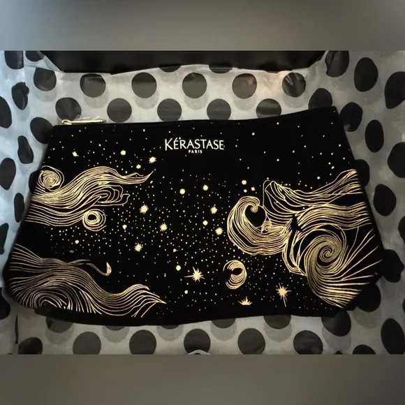 Kérastase Black and Gold Make Up Bag Velvet Pouch Small Zipper Open Promotional
