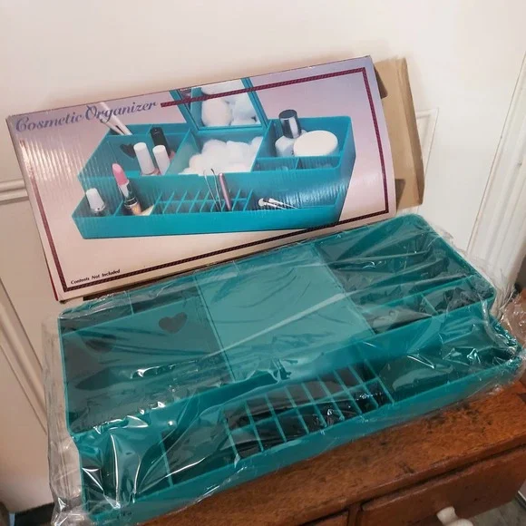 Vintage Kmart Teal Blue Cosmetic Organizer Mirror Heart Cutouts 90s Vanity Tray