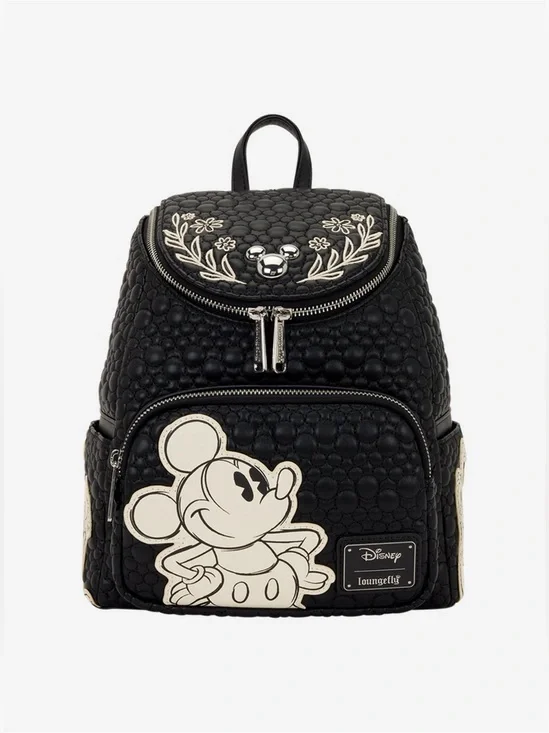 Loungefly Disney Mickey Mouse Floral Sketch Quilted Mini Backpack black leather