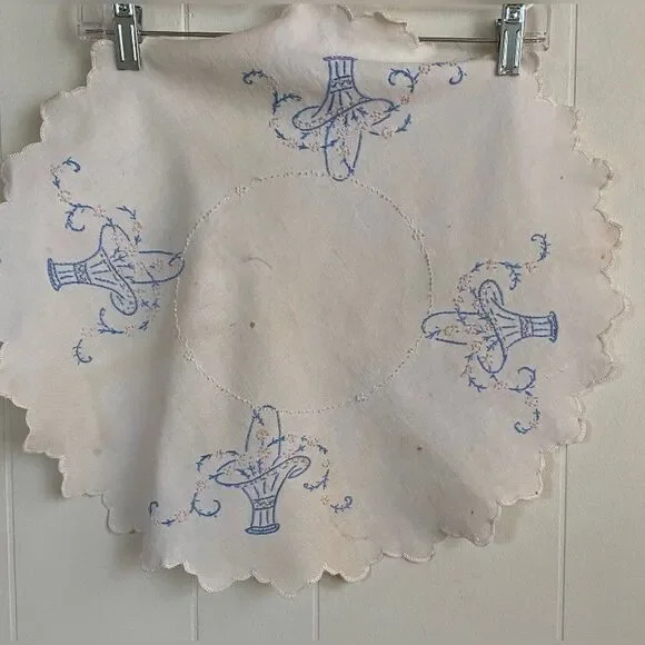 Vintage Tablecloth Small White Linen Embroidered Floral Basket 18” *Read*