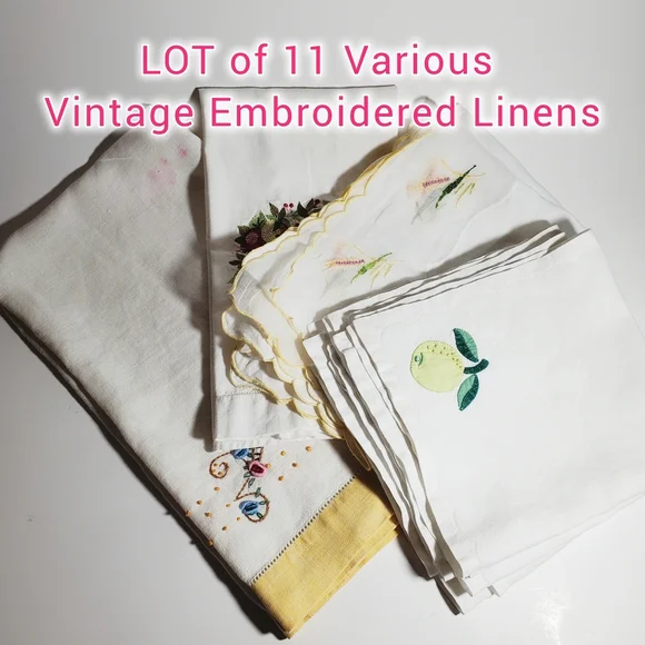 LOT of (11)  Vintage Embroidered Cocktail Napkins, Kitchen Towels & Tea Towels