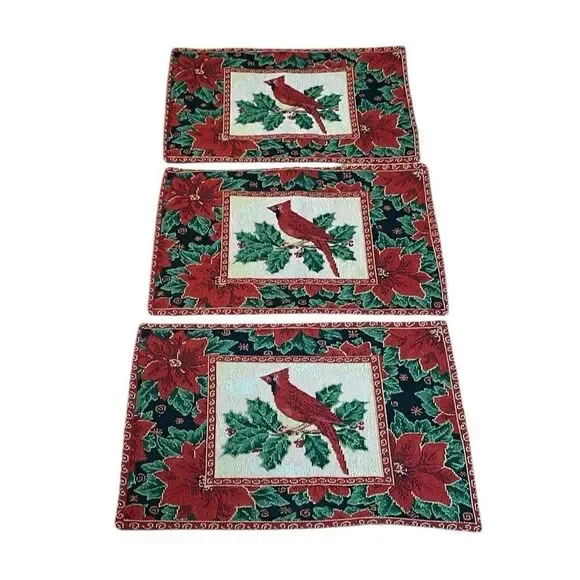 Cardinal Placemats, Vintage Christmas, set of 3, woven, Red Holiday, table mats