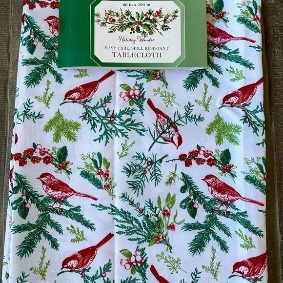 Christmas Tablecloth Botanical Bird Pine Tree Print