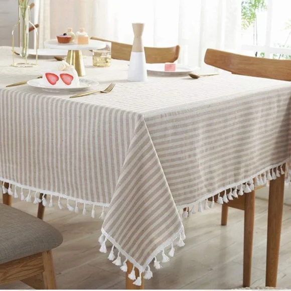 Linen Cotton Soft Taupe Striped Table Cloth