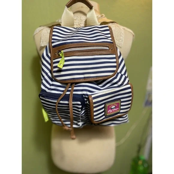 Eco-Friendly Striped Zippered‎ Lily Bloom Womens Backpack Recycled Fabric Multi