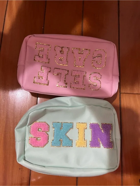 Pink 'SELF CARE' Cosmetic Pouch & Mint 'SKIN' Bag Duo