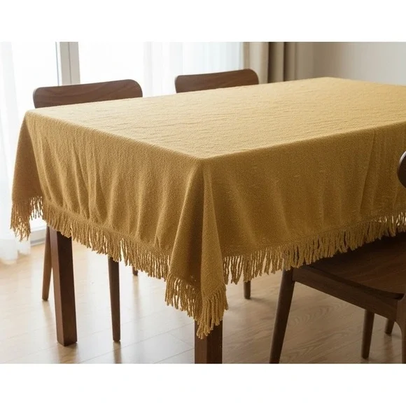 Vtg MCM 60s Boho Gold Fringe Tablecloth Textured Square (ish) 60