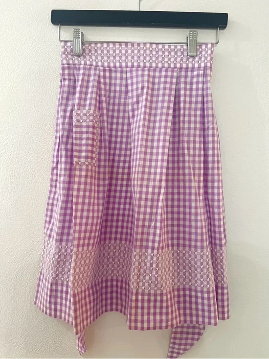 Vintage Lavender Gingham Handmade Apron with front pocket & cross stitch design