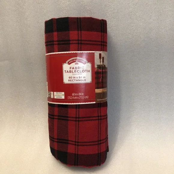 New Holiday Time Buffalo Plaid Fabric Tablecloth Red Black Rectangle 60