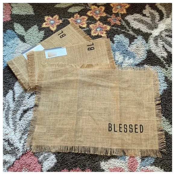 #50 Set 4 BLESSED Woven Natural Jute Burlap Placemats Dining Table Mat Farmhouse