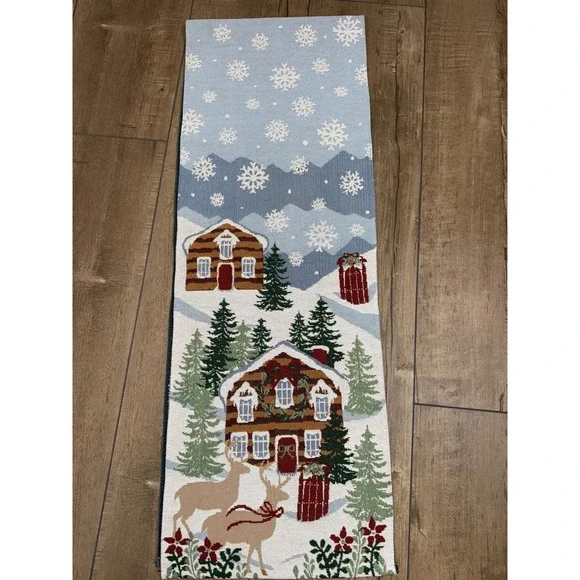 Christmas Cabin Snowflake Table Runner Winter Scene‎ Decor vintage holiday