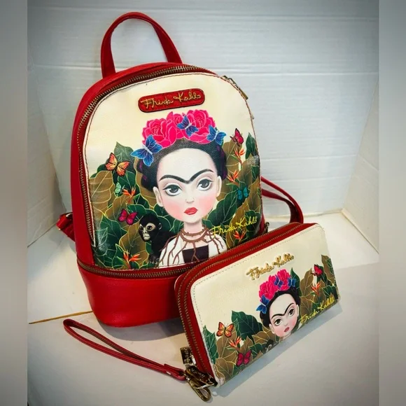 Frida Kahlo Cartoon Red and Cream Backpack & Matching Wallet