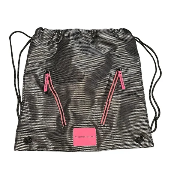 Victoria's Secret Black and Pink Drawstring Bag