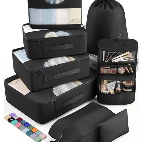 Black Makeup Organizer Set with Packing Cubes and Hanging Toiletry Bag