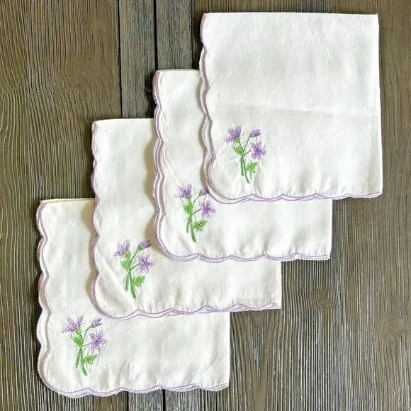 (4) Linen Napkins Scalloped Edge Purple Floral Flowers VNTG Tea Bridal Shower