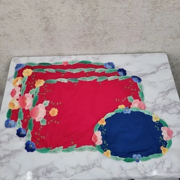 Vintage Placemat Set Red and Blue with Hand Embroidered Flowers Leaves 4pc