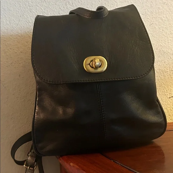 Classic Black Leather Women's Backpack with Turn-Lock Closure