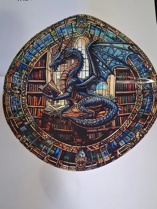 Blue Dragon Round Wooden Jigsaw Puzzle - Fantasy Library Design