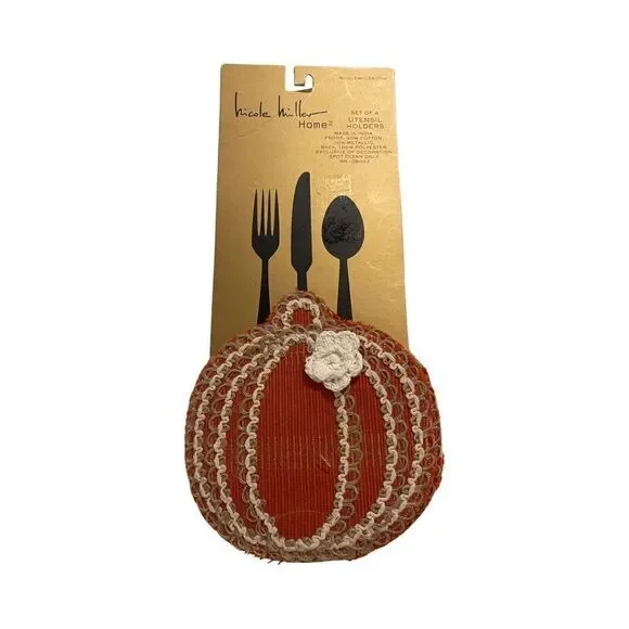 Nicole Miller Home Embroidered Pumpkin Thanksgiving Utensil Holders Set of 4 NWT