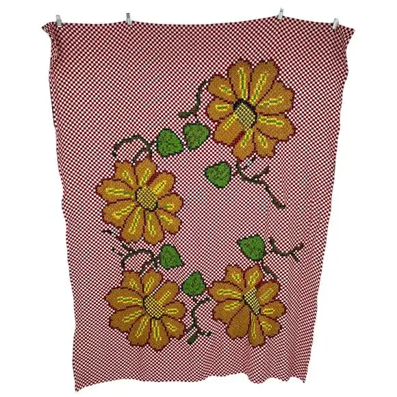 Red White Checkered Tablecloth Chicken Scratch Embroidered Sunflowers