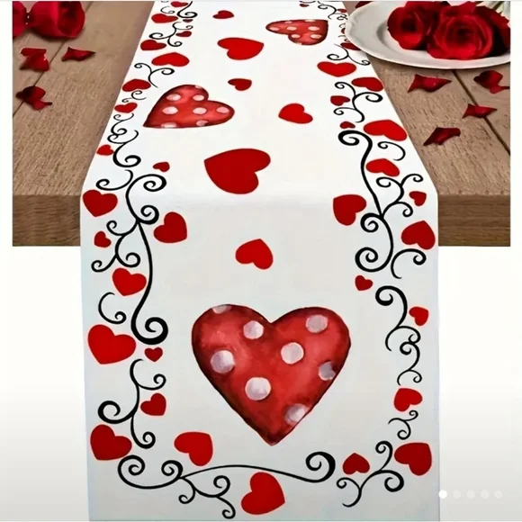 Table Runner 36 in x 13 in White with Red Hearts