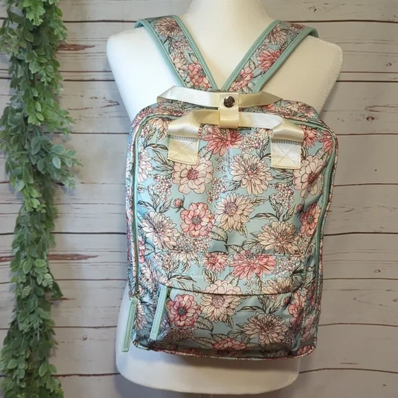 Chrysanthemum Floral‎ Teal and Pink Women's Backpack Purse Satin Feminine Girly