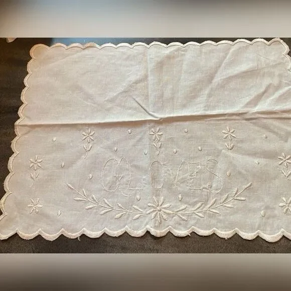 Vintage Table Scarf Runner White Linen Blend Embroidered 11” X 15”