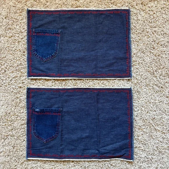 Denim Placemats with Lee Pockets, Red BBQ Stitching, handmade