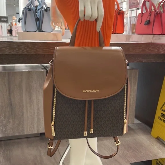 Michael Kors Phoebe 35F2G8PB2B Flap Drawstring Backpack Brown Signature NWT