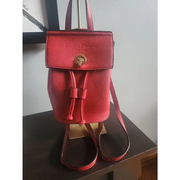 Red Pebble Leather Drawstring Mini Backpack with Gold Hardware