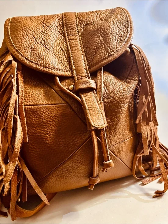 VTG Genuine Leather Boho Fringe Women’s Western Drawstring Backpack Rucksack