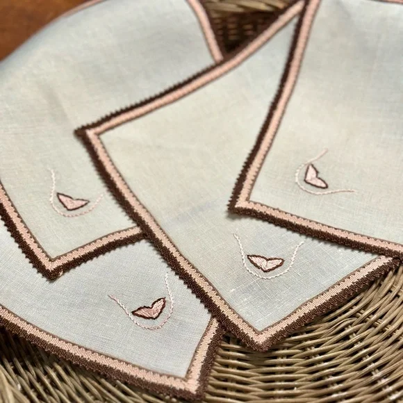 Vintage Embroidered Linen Napkins with Sweet Hearts