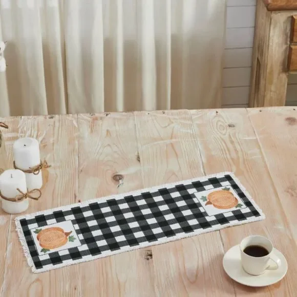 Pumpkin Harvest Buffalo Plaid Table Runner 8x24 Country Farmhouse Fringed