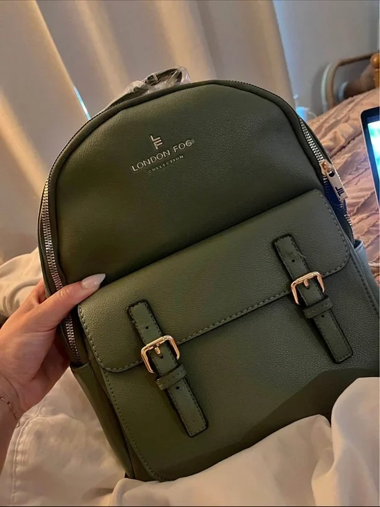 London Fog Olive Green Faux-Leather Backpack with Gold Hardware