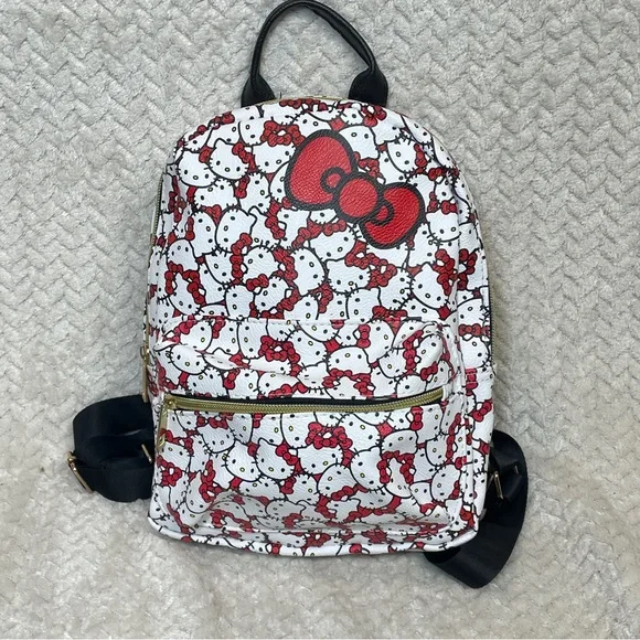 Sanrio Hello Kitty White Leather Mini Backpack Black Pattern‎ Red Bow Kawaii