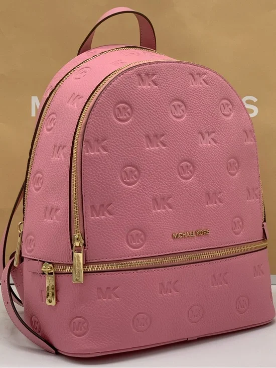 Michael Kors Rhea Carnation color Embossed MK Logo Backpack with Gold Hardware