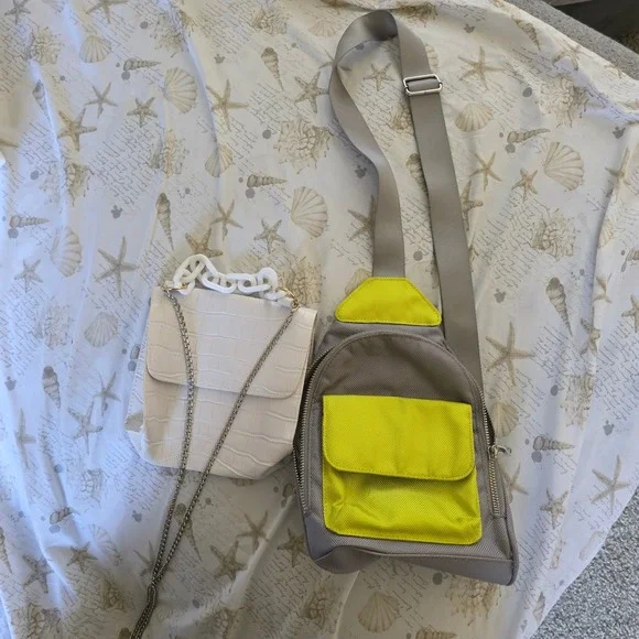 Wild Fable Grey Neon Yellow Sling Backpack and White Croc Crossbody Bag Set