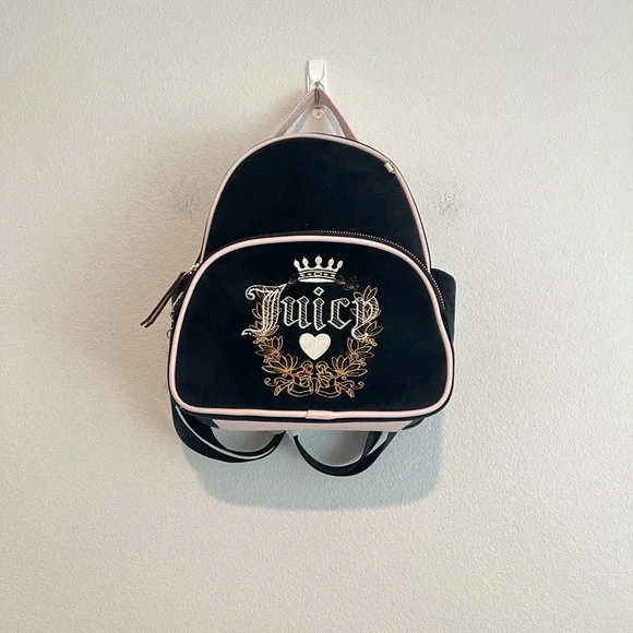 Juicy Couture Black/Pink Velvet Velour Mini Backpack Embroidered Bling Y2K